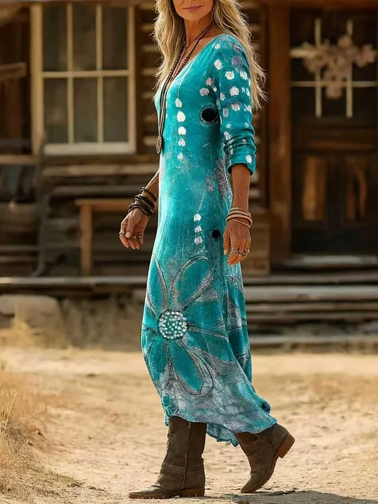 Vestido Elegante Feminino de Primavera e Verão - Estampa Floral Étnica Vintage Casual com Decote em V e Manga Longa - Macio e Amigável à Pele - Adequado para Festas, Casamentos, Casa, Férias, Vestido Longo
