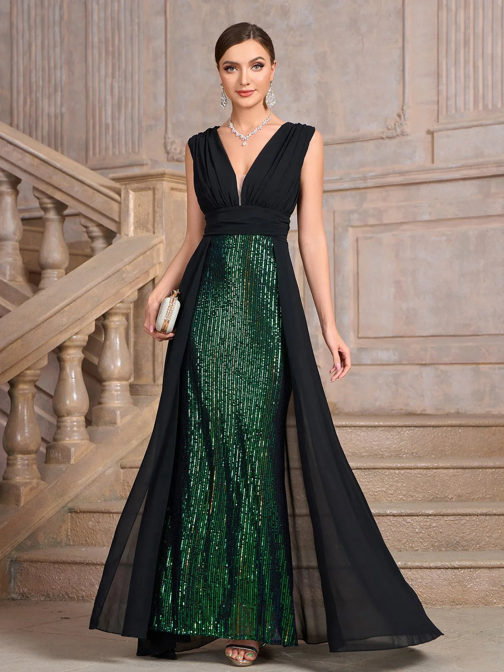 Vestidos de fiesta cintura alta sexy com decote em v vestido de lantejoulas moda sem mangas magro baile de formatura robe banquete cocktail festa longo vestido formal