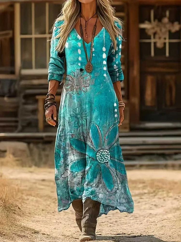 Vestido Elegante Feminino de Primavera e Verão - Estampa Floral Étnica Vintage Casual com Decote em V e Manga Longa - Macio e Amigável à Pele - Adequado para Festas, Casamentos, Casa, Férias, Vestido Longo