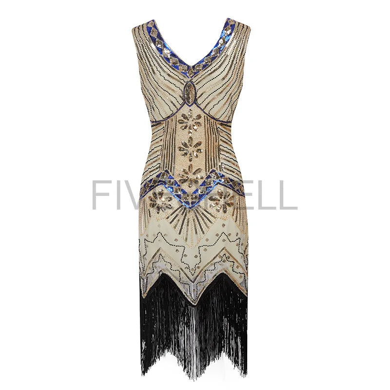 Vestido feminino de lantejoulas gola v borla bodycon, fantasia Gatsby grande, vestido flapper frisado, vestido flapper festa, Vintage, 1920