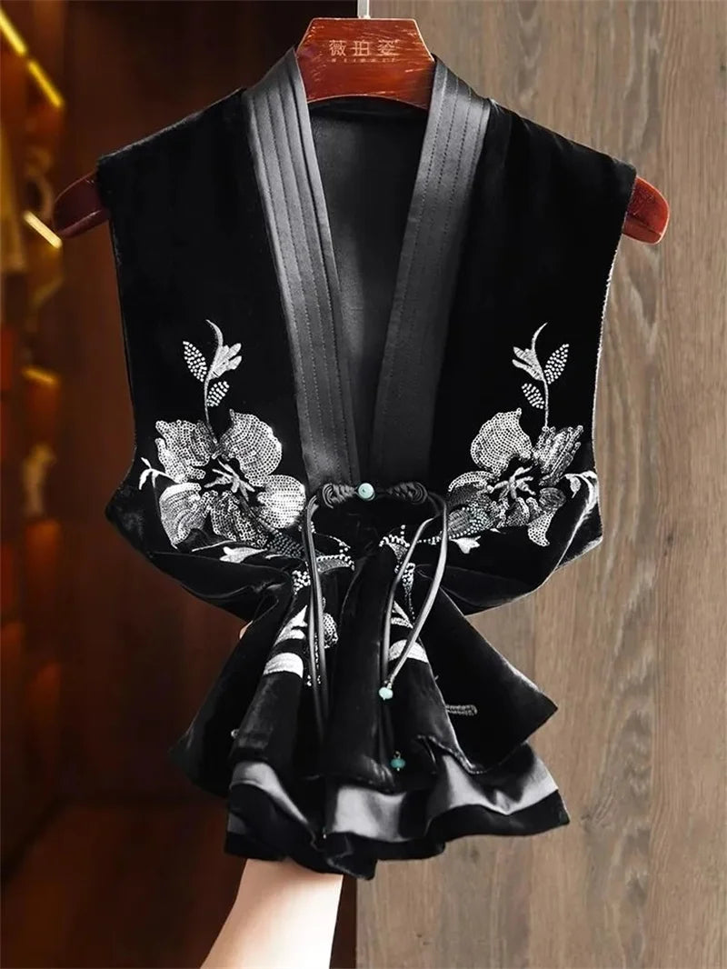 Colete de veludo de seda chinês feminino, bordado frisado, estilo nacional, casaco de fivela, coletes de veludo feminino, coletes high-end, novo
