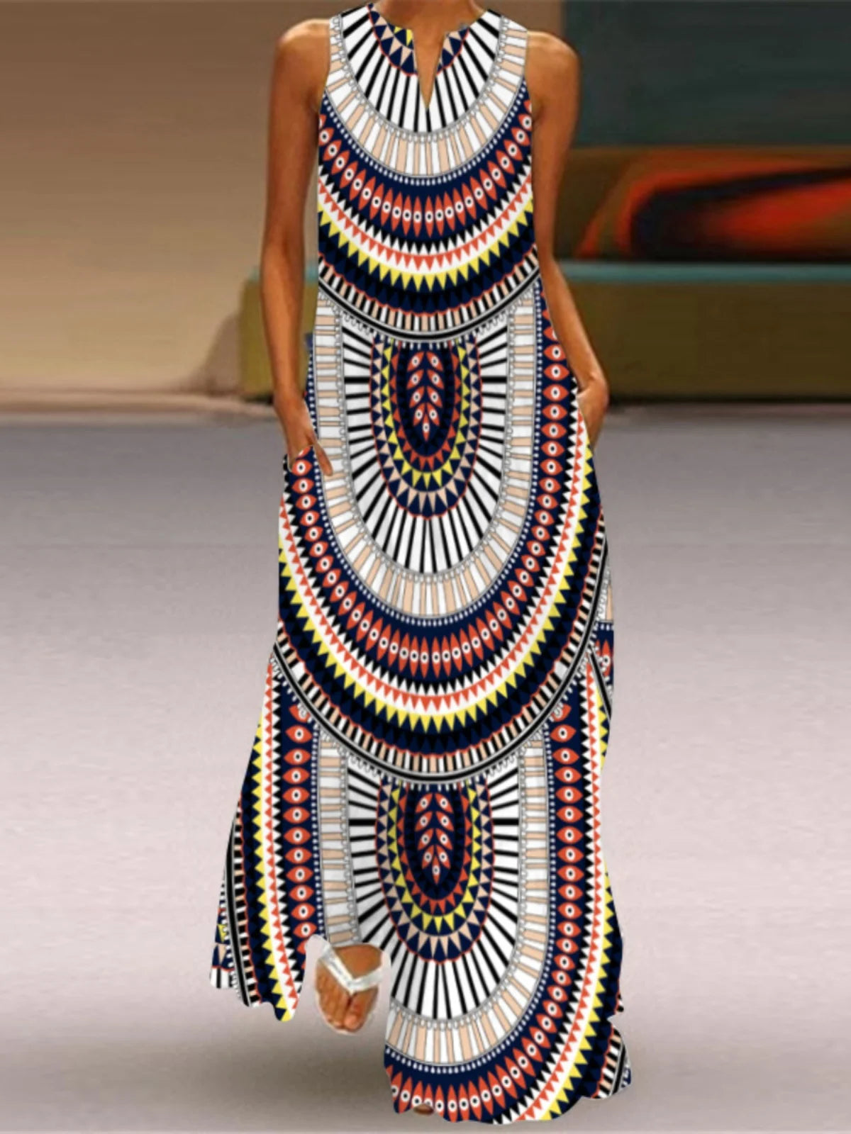 Vestido Sem Mangas com Decote em V para Mulheres, Moda Casual de Verão, Vestido Longo de Uma Peça, Material 00%