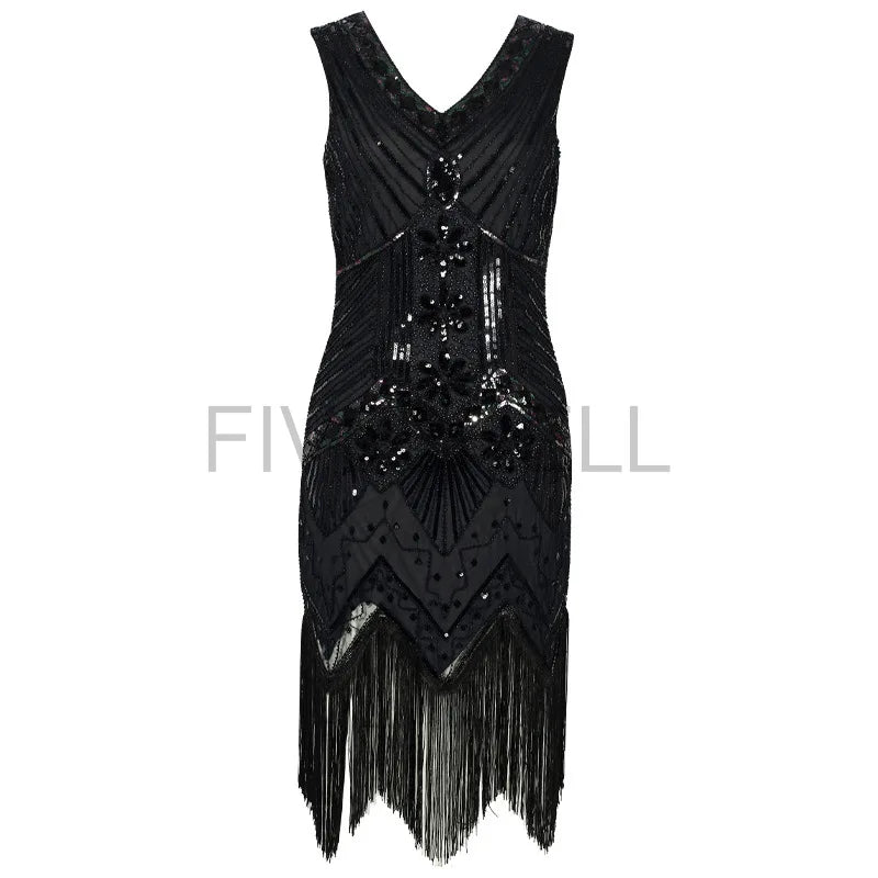 Vestido feminino de lantejoulas gola v borla bodycon, fantasia Gatsby grande, vestido flapper frisado, vestido flapper festa, Vintage, 1920