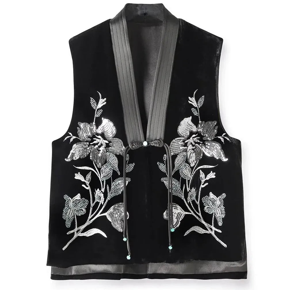 Colete de veludo de seda chinês feminino, bordado frisado, estilo nacional, casaco de fivela, coletes de veludo feminino, coletes high-end, novo