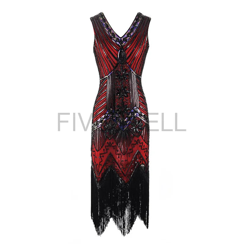 Vestido feminino de lantejoulas gola v borla bodycon, fantasia Gatsby grande, vestido flapper frisado, vestido flapper festa, Vintage, 1920
