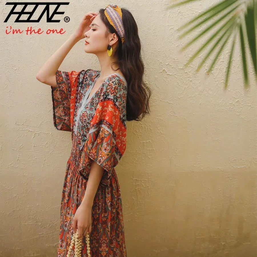 Vestido maxi indiano longo para mulheres, vestido vintage casual, estilo coreano, estampa floral, vestido boho, vestidos sexy