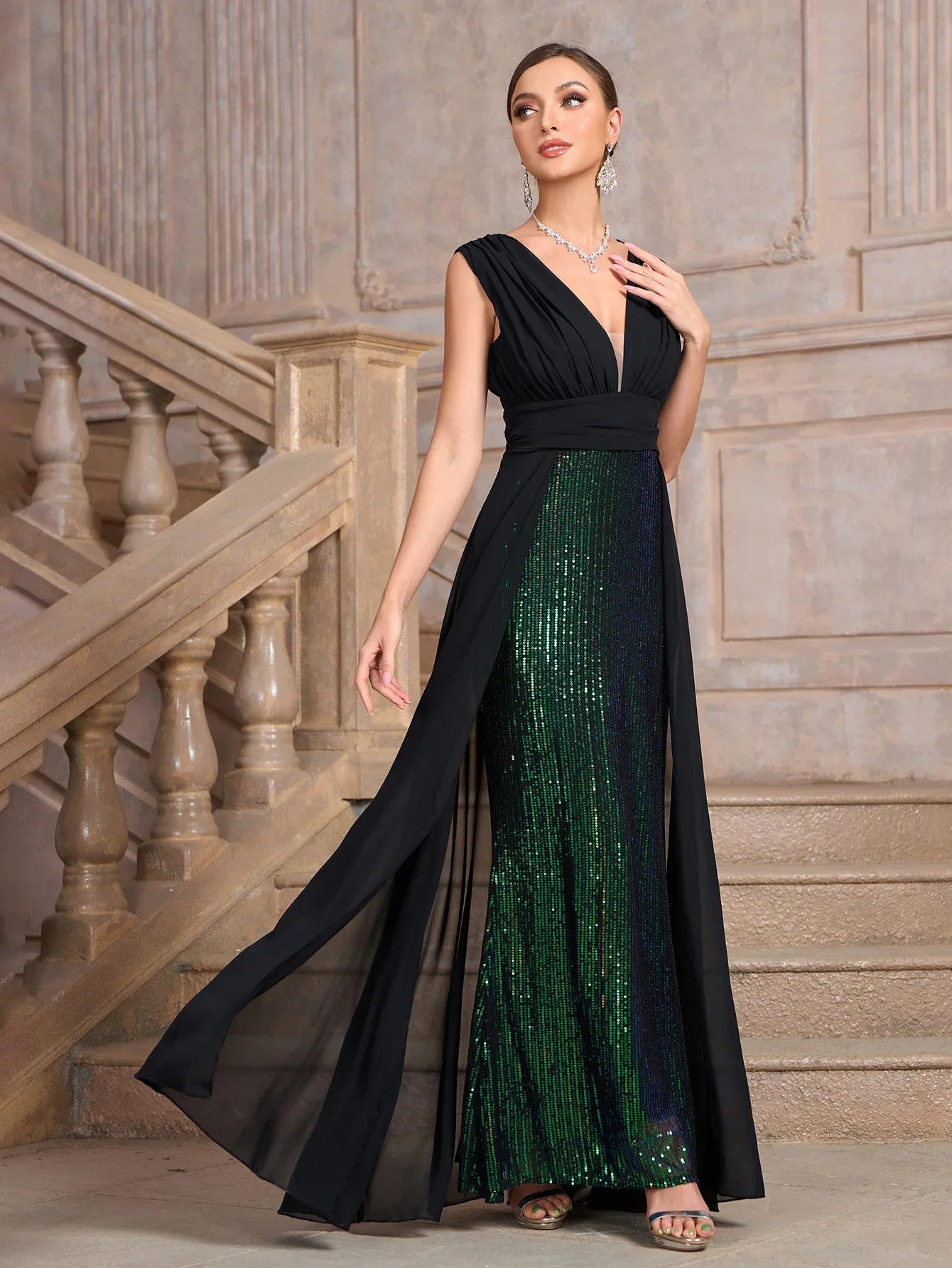 Vestidos de fiesta cintura alta sexy com decote em v vestido de lantejoulas moda sem mangas magro baile de formatura robe banquete cocktail festa longo vestido formal