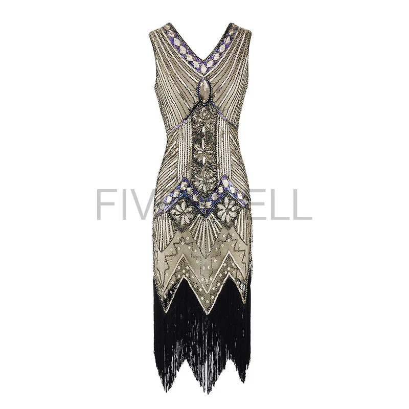 Vestido feminino de lantejoulas gola v borla bodycon, fantasia Gatsby grande, vestido flapper frisado, vestido flapper festa, Vintage, 1920