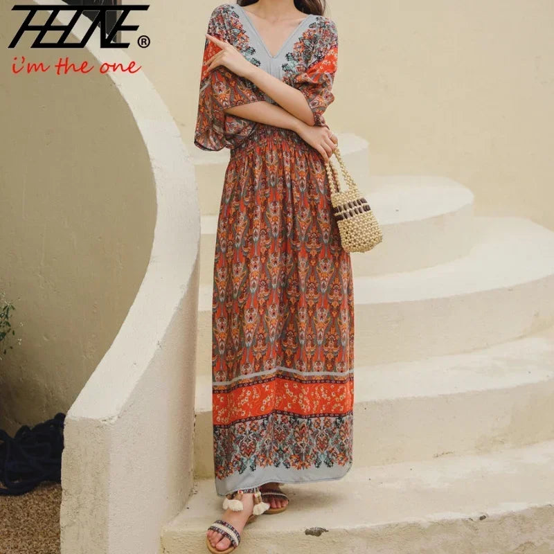 Vestido maxi indiano longo para mulheres, vestido vintage casual, estilo coreano, estampa floral, vestido boho, vestidos sexy