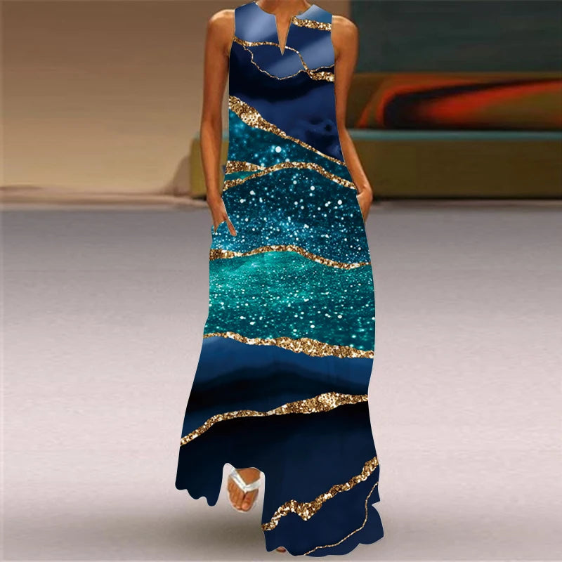 Vestido longo com decote em v solto sem mangas feminino, vestidos elegantes, pintura a tinta, impressão 3D, vintage, estilo chinês, festa, verão, novo, 2024