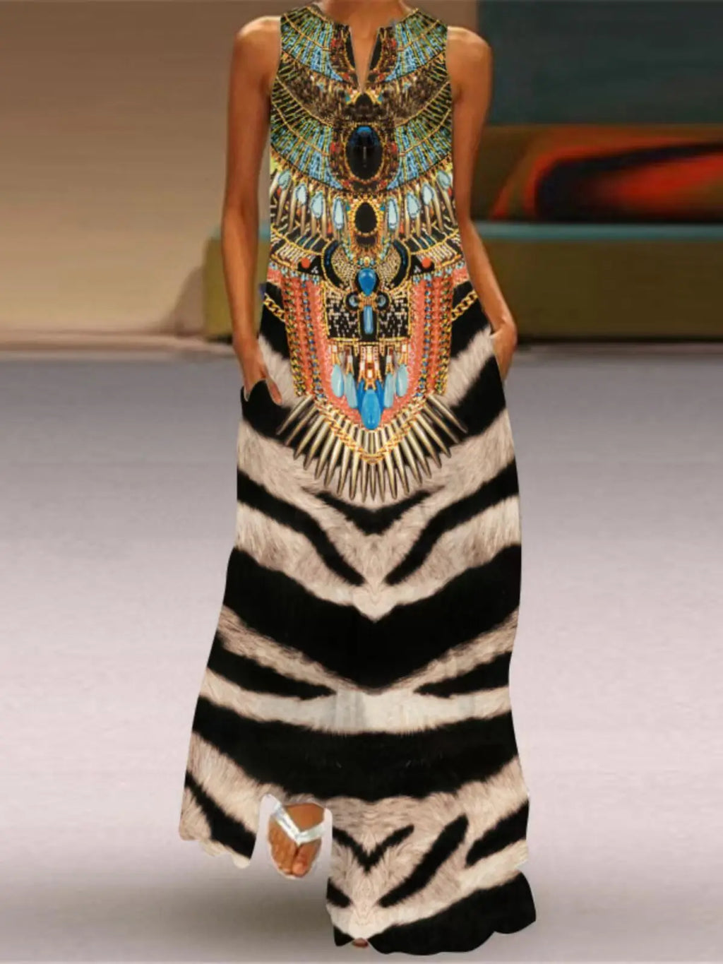 Vestido Sem Mangas com Decote em V para Mulheres, Moda Casual de Verão, Vestido Longo de Uma Peça, Material 00%