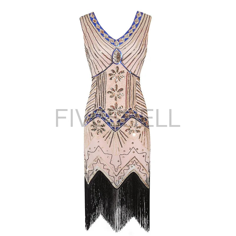 Vestido feminino de lantejoulas gola v borla bodycon, fantasia Gatsby grande, vestido flapper frisado, vestido flapper festa, Vintage, 1920