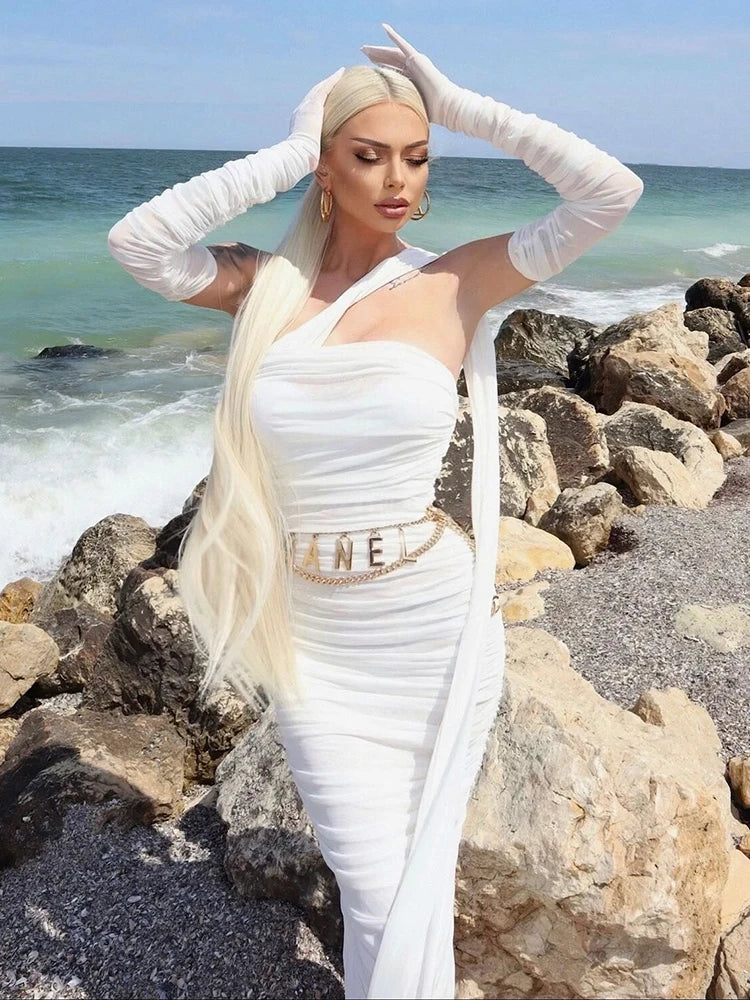 Vc vestido elegante para mulheres, fita drapeada com mangas compridas, luvas, vestido de festa, malha, férias, vestido de verão