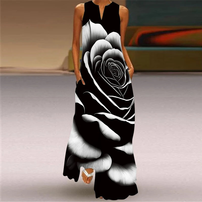 Vestido longo com decote em v solto sem mangas feminino, vestidos elegantes, pintura a tinta, impressão 3D, vintage, estilo chinês, festa, verão, novo, 2024