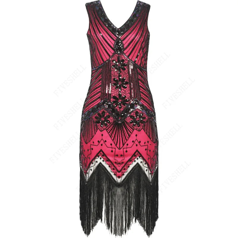Vestido feminino de lantejoulas gola v borla bodycon, fantasia Gatsby grande, vestido flapper frisado, vestido flapper festa, Vintage, 1920