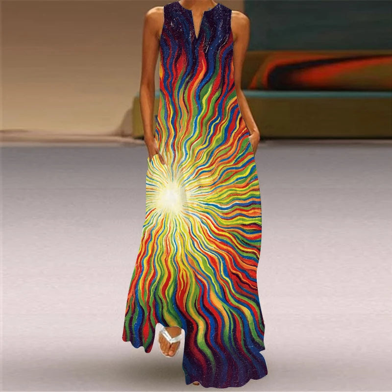 Vestido longo com decote em v solto sem mangas feminino, vestidos elegantes, pintura a tinta, impressão 3D, vintage, estilo chinês, festa, verão, novo, 2024