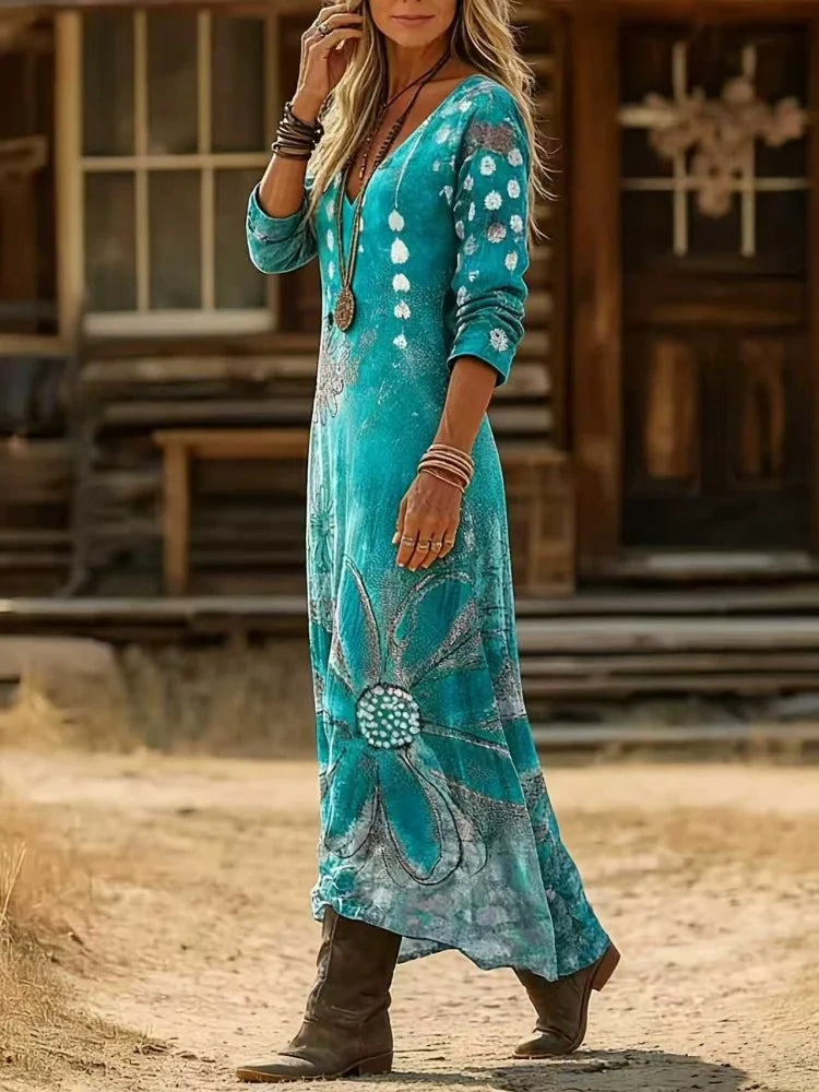 Vestido Elegante Feminino de Primavera e Verão - Estampa Floral Étnica Vintage Casual com Decote em V e Manga Longa - Macio e Amigável à Pele - Adequado para Festas, Casamentos, Casa, Férias, Vestido Longo