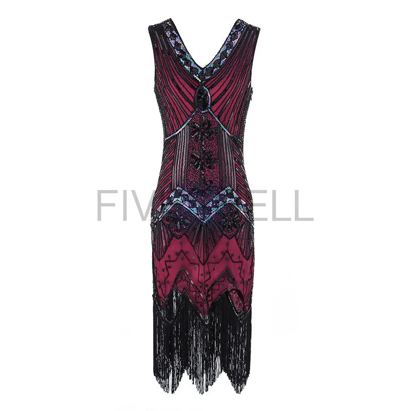 Vestido feminino de lantejoulas gola v borla bodycon, fantasia Gatsby grande, vestido flapper frisado, vestido flapper festa, Vintage, 1920