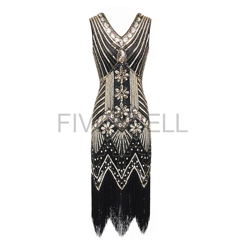 Vestido feminino de lantejoulas gola v borla bodycon, fantasia Gatsby grande, vestido flapper frisado, vestido flapper festa, Vintage, 1920