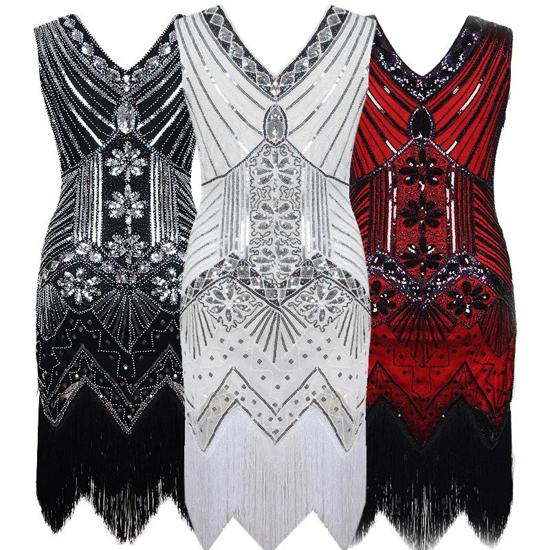 Vestido feminino de lantejoulas gola v borla bodycon, fantasia Gatsby grande, vestido flapper frisado, vestido flapper festa, Vintage, 1920