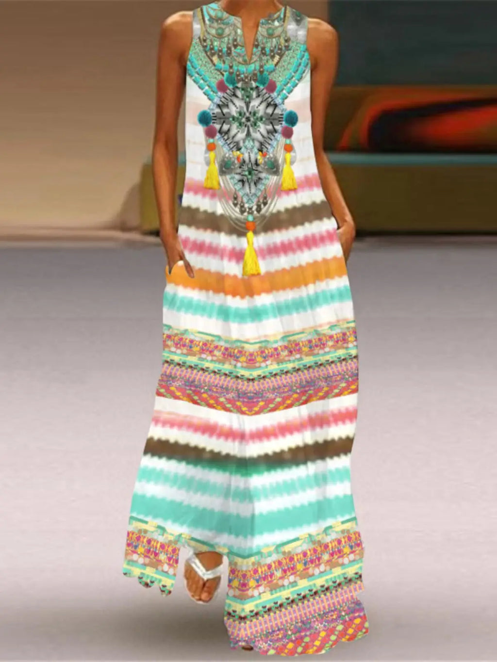 Vestido Sem Mangas com Decote em V para Mulheres, Moda Casual de Verão, Vestido Longo de Uma Peça, Material 00%