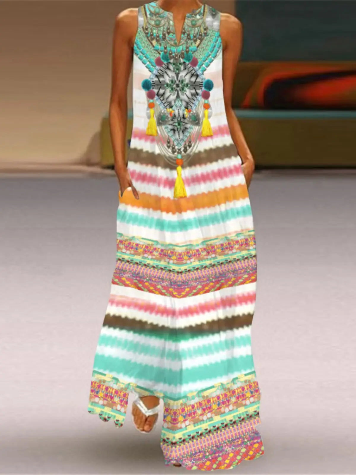 Vestido Sem Mangas com Decote em V para Mulheres, Moda Casual de Verão, Vestido Longo de Uma Peça, Material 00%