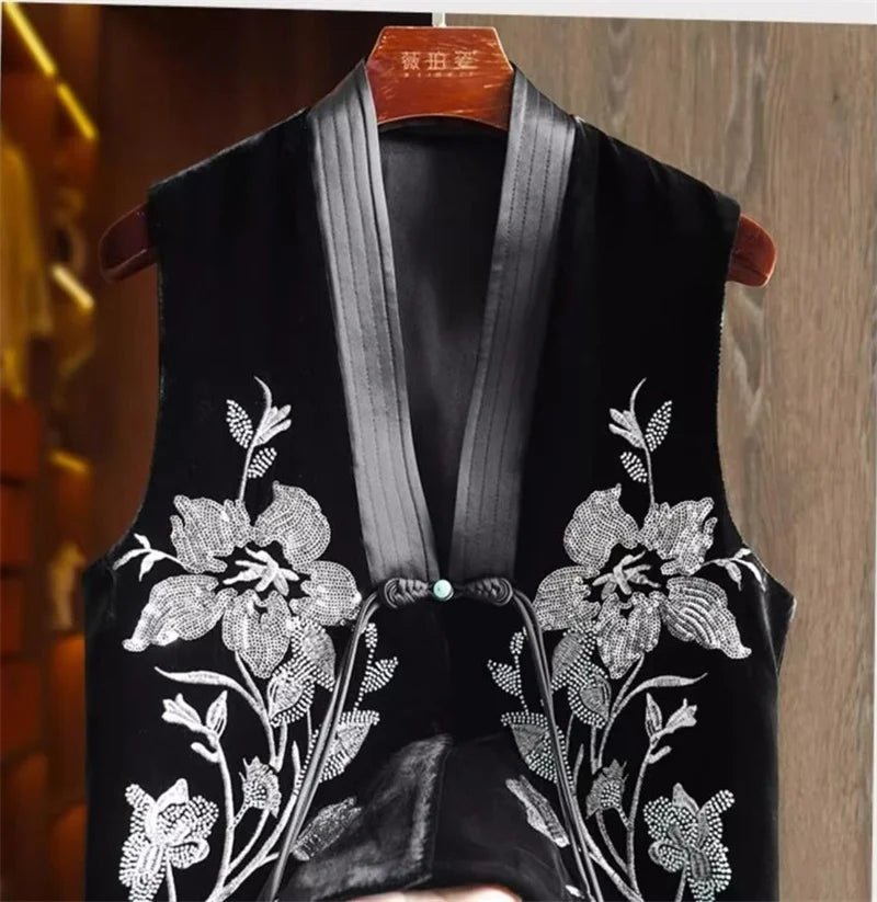 Colete de veludo de seda chinês feminino, bordado frisado, estilo nacional, casaco de fivela, coletes de veludo feminino, coletes high-end, novo