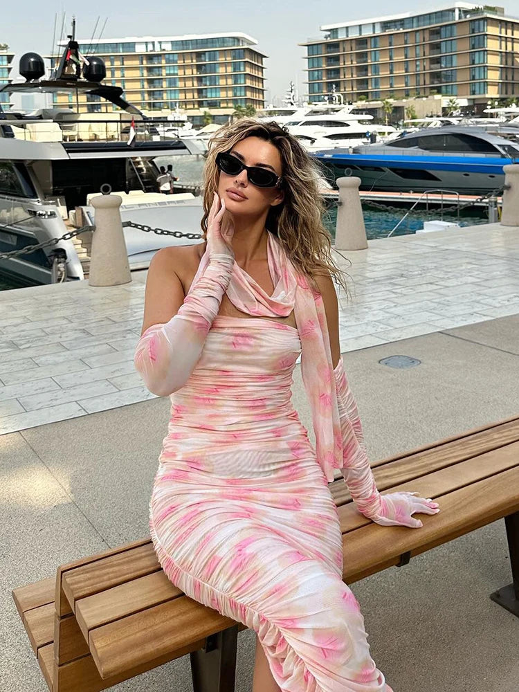 Vc vestido elegante para mulheres, fita drapeada com mangas compridas, luvas, vestido de festa, malha, férias, vestido de verão