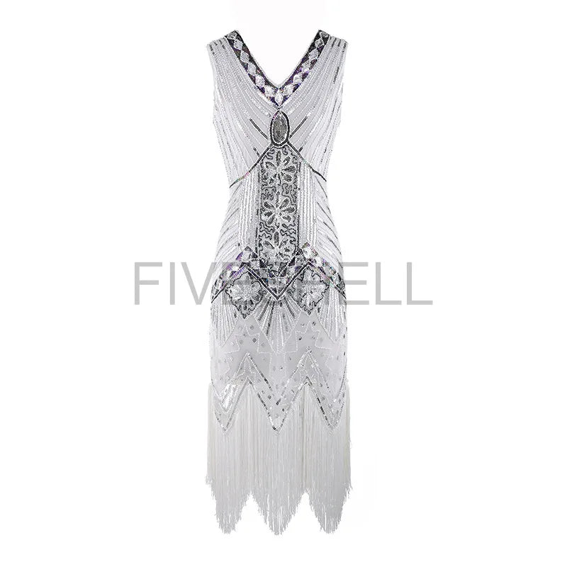 Vestido feminino de lantejoulas gola v borla bodycon, fantasia Gatsby grande, vestido flapper frisado, vestido flapper festa, Vintage, 1920