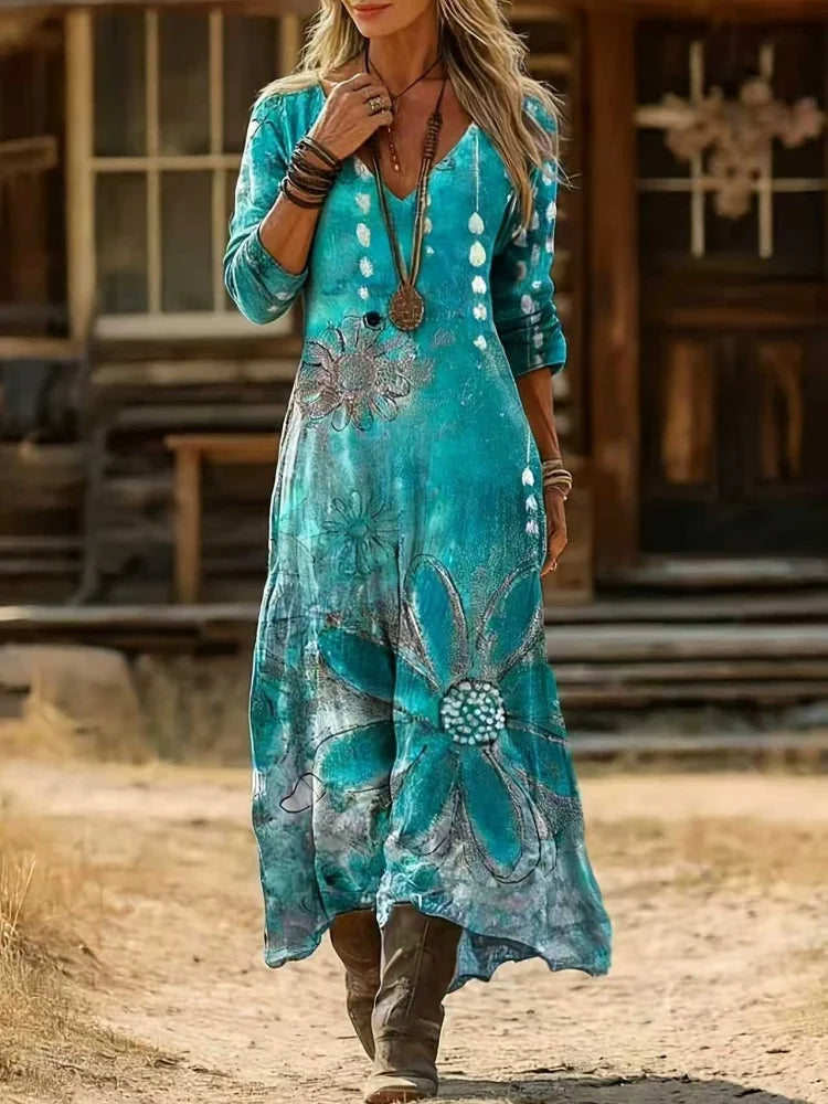 Vestido Elegante Feminino de Primavera e Verão - Estampa Floral Étnica Vintage Casual com Decote em V e Manga Longa - Macio e Amigável à Pele - Adequado para Festas, Casamentos, Casa, Férias, Vestido Longo