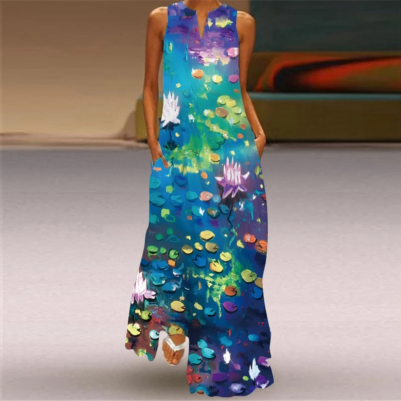 Vestido longo com decote em v solto sem mangas feminino, vestidos elegantes, pintura a tinta, impressão 3D, vintage, estilo chinês, festa, verão, novo, 2024