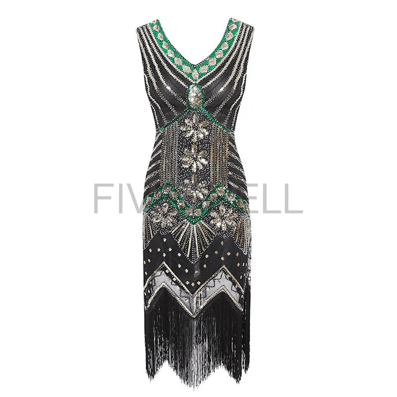 Vestido feminino de lantejoulas gola v borla bodycon, fantasia Gatsby grande, vestido flapper frisado, vestido flapper festa, Vintage, 1920