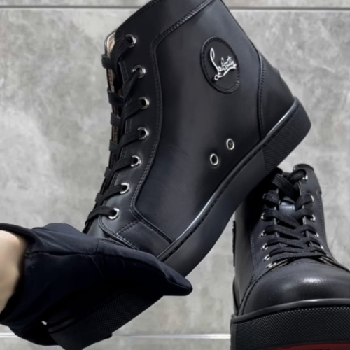 Sapatilhas Cano Alto Louboutin Pele Preta Sola Top