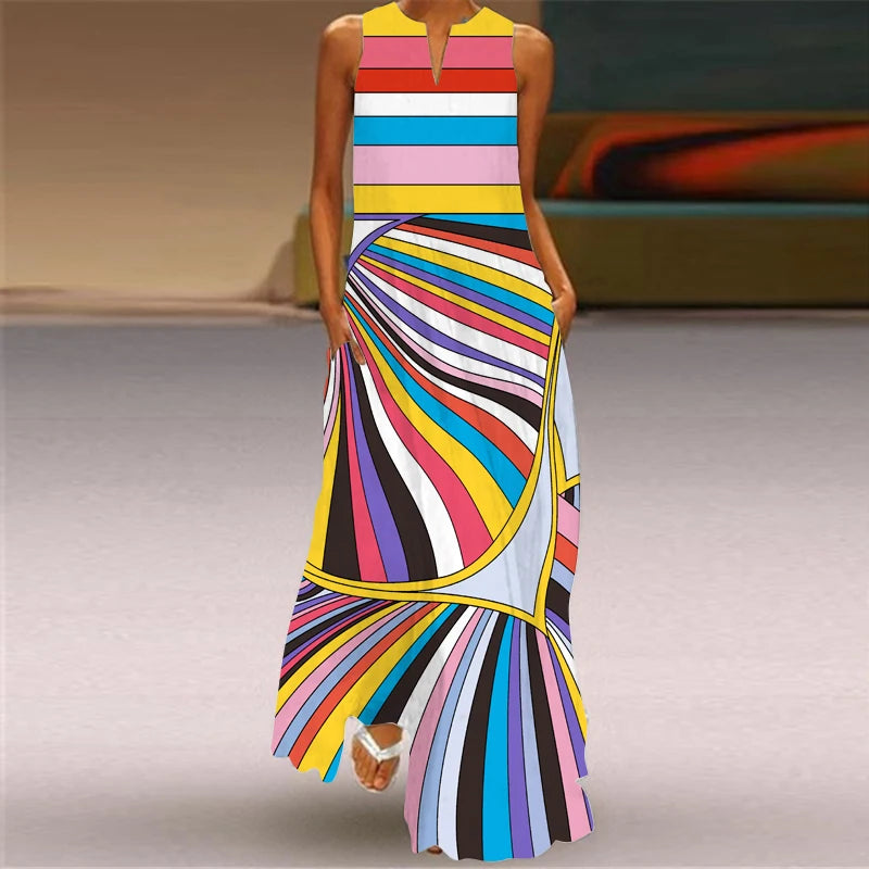 Vestido longo com decote em v solto sem mangas feminino, vestidos elegantes, pintura a tinta, impressão 3D, vintage, estilo chinês, festa, verão, novo, 2024