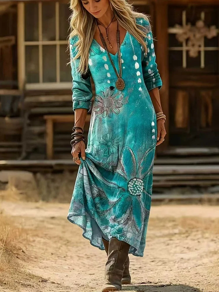 Vestido Elegante Feminino de Primavera e Verão - Estampa Floral Étnica Vintage Casual com Decote em V e Manga Longa - Macio e Amigável à Pele - Adequado para Festas, Casamentos, Casa, Férias, Vestido Longo