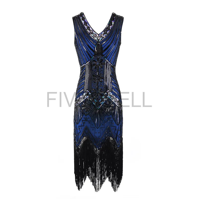 Vestido feminino de lantejoulas gola v borla bodycon, fantasia Gatsby grande, vestido flapper frisado, vestido flapper festa, Vintage, 1920