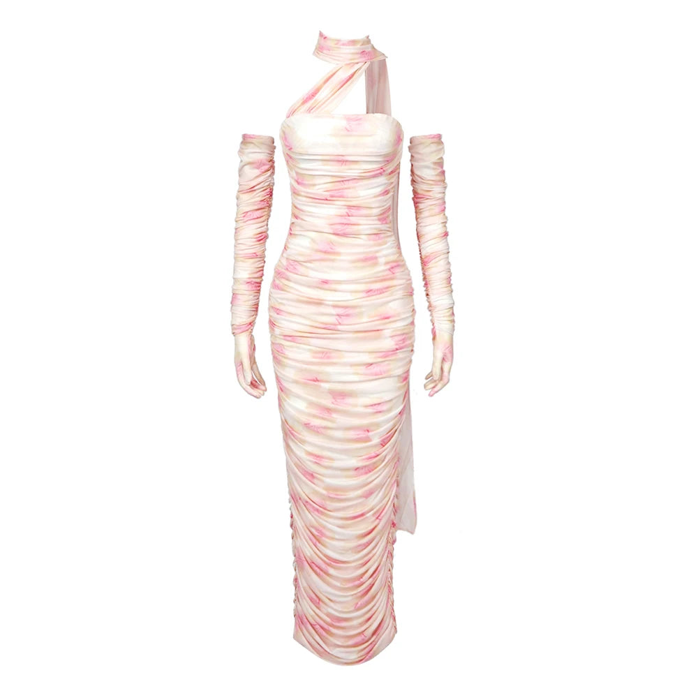 Vc vestido elegante para mulheres, fita drapeada com mangas compridas, luvas, vestido de festa, malha, férias, vestido de verão