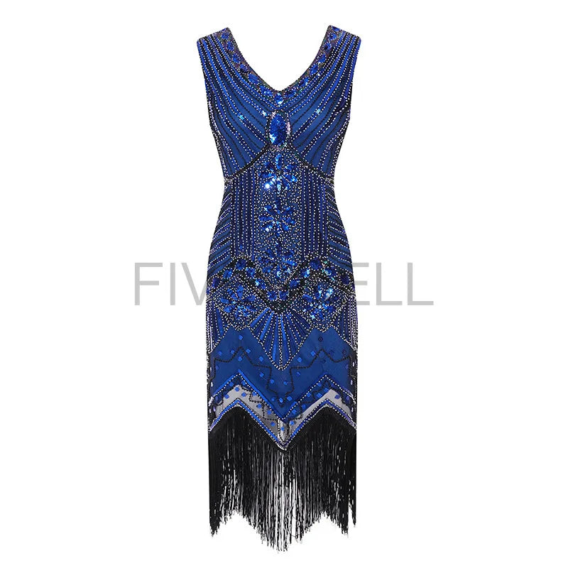 Vestido feminino de lantejoulas gola v borla bodycon, fantasia Gatsby grande, vestido flapper frisado, vestido flapper festa, Vintage, 1920