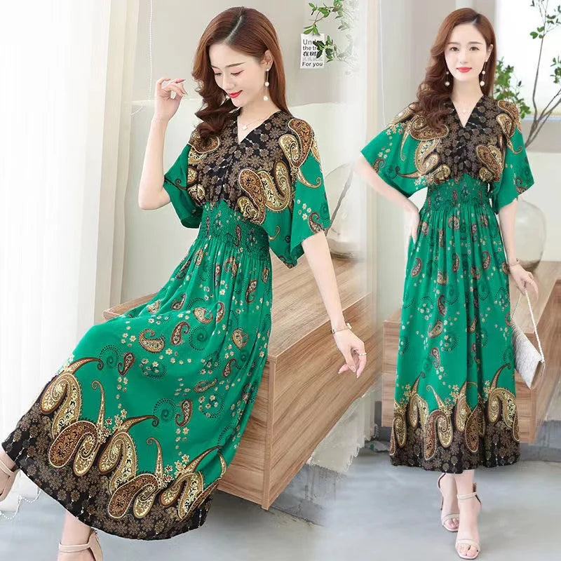 Vestido maxi indiano longo para mulheres, vestido vintage casual, estilo coreano, estampa floral, vestido boho, vestidos sexy