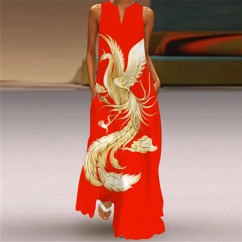 Vestido longo com decote em v solto sem mangas feminino, vestidos elegantes, pintura a tinta, impressão 3D, vintage, estilo chinês, festa, verão, novo, 2024