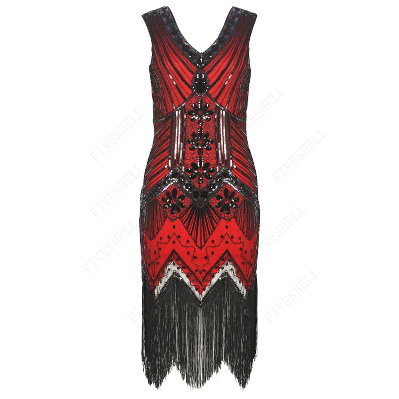 Vestido feminino de lantejoulas gola v borla bodycon, fantasia Gatsby grande, vestido flapper frisado, vestido flapper festa, Vintage, 1920
