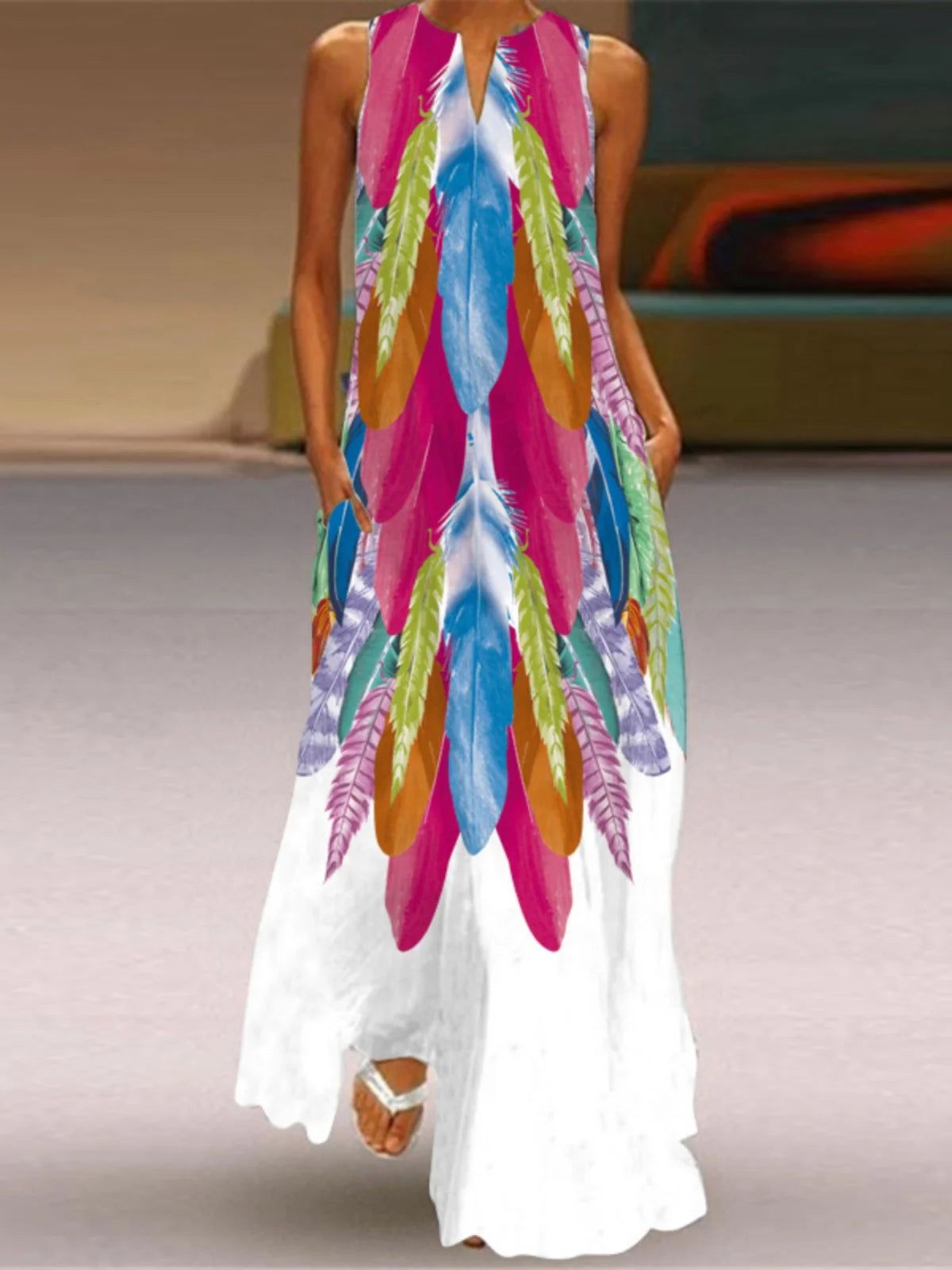 Vestido Sem Mangas com Decote em V para Mulheres, Moda Casual de Verão, Vestido Longo de Uma Peça, Material 00%