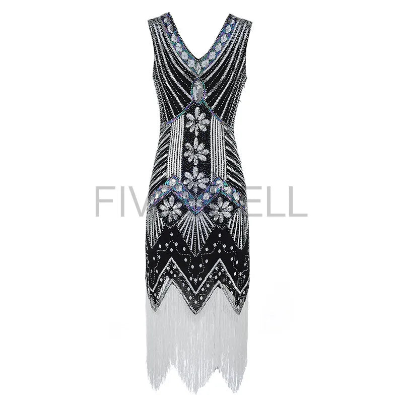 Vestido feminino de lantejoulas gola v borla bodycon, fantasia Gatsby grande, vestido flapper frisado, vestido flapper festa, Vintage, 1920