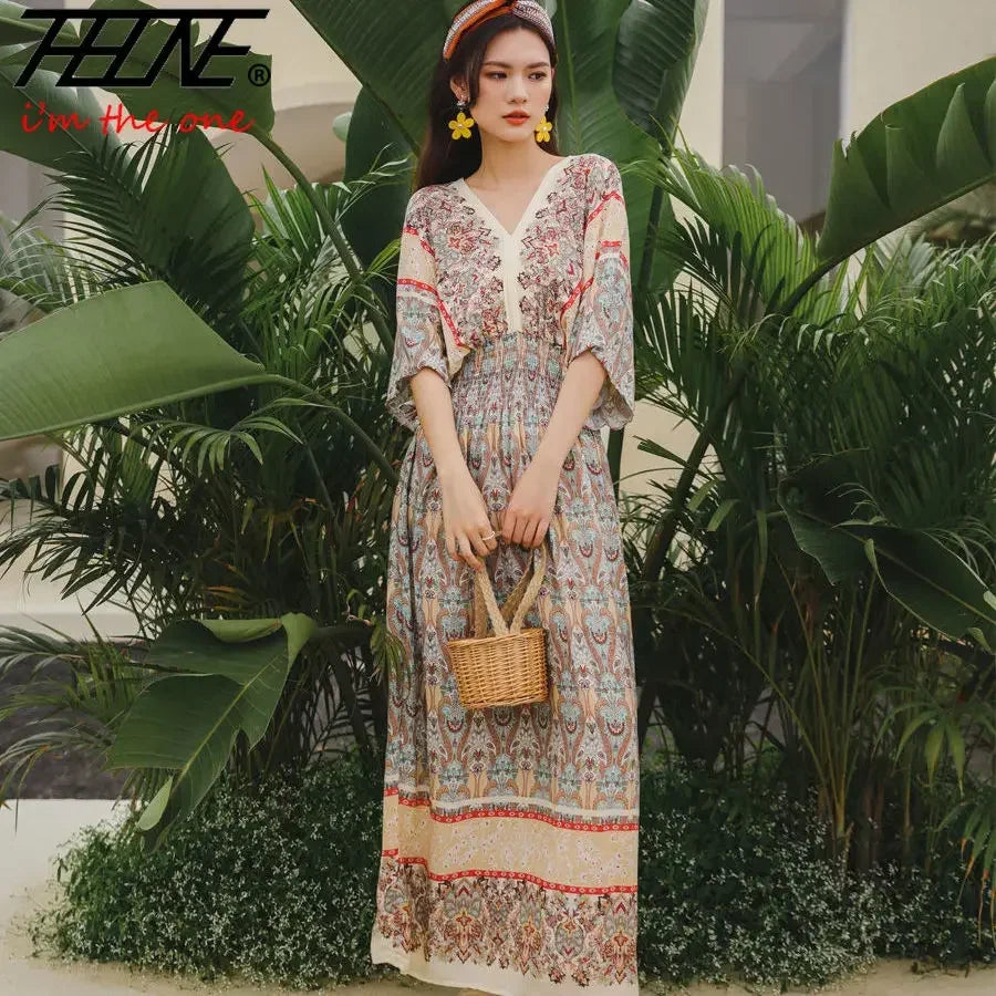 Vestido maxi indiano longo para mulheres, vestido vintage casual, estilo coreano, estampa floral, vestido boho, vestidos sexy