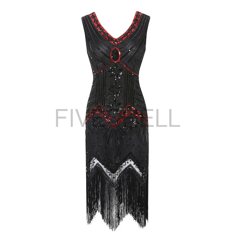 Vestido feminino de lantejoulas gola v borla bodycon, fantasia Gatsby grande, vestido flapper frisado, vestido flapper festa, Vintage, 1920